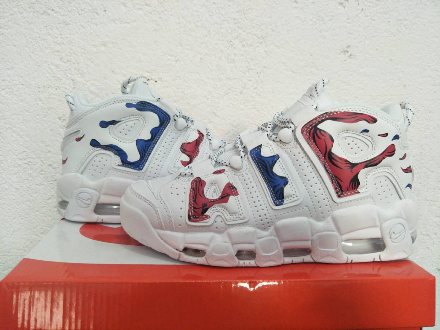 Men Nike Air More Uptempo White Red Blue Shoes - Click Image to Close